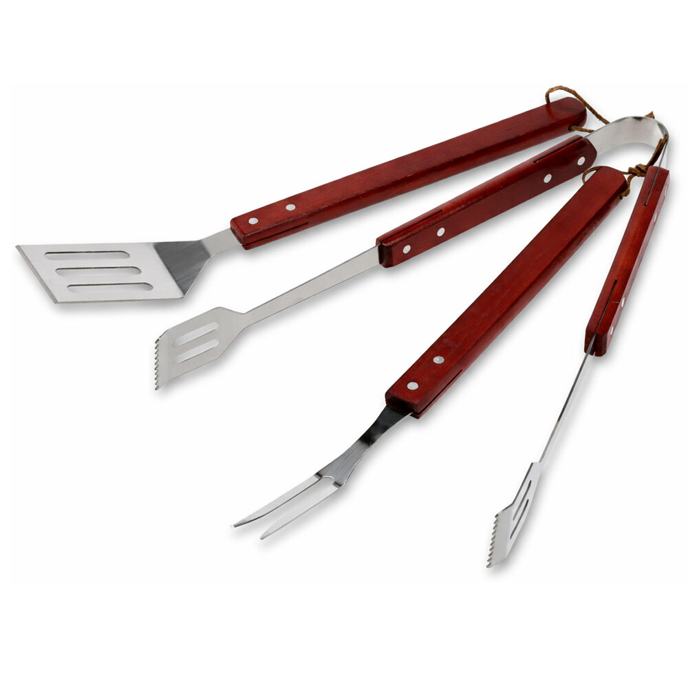 Set 3 ustensile pentru gratar din inox cu maner din lemn Set 3 ustensile pentru gratar din inox cu maner din lemn